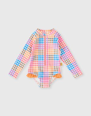 Rainbow Gingham Long Sleeve Frill Swimsuit