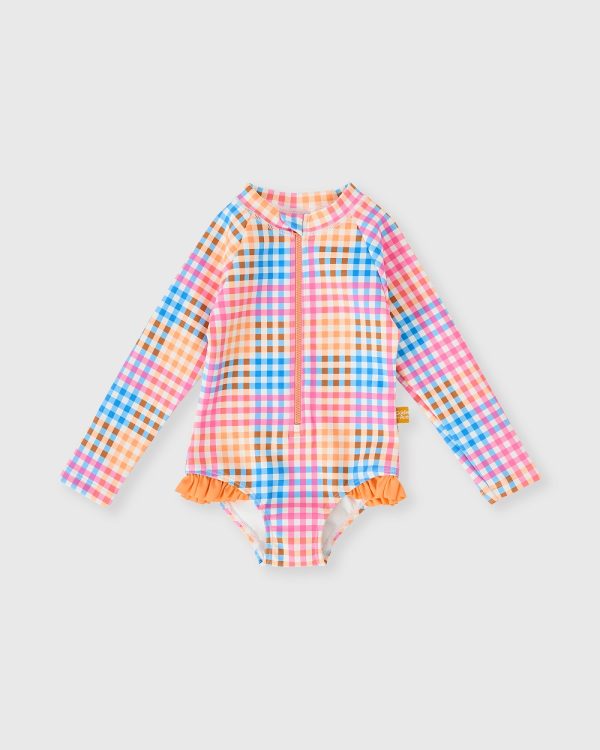 Rainbow Gingham Long Sleeve Frill Swimsuit